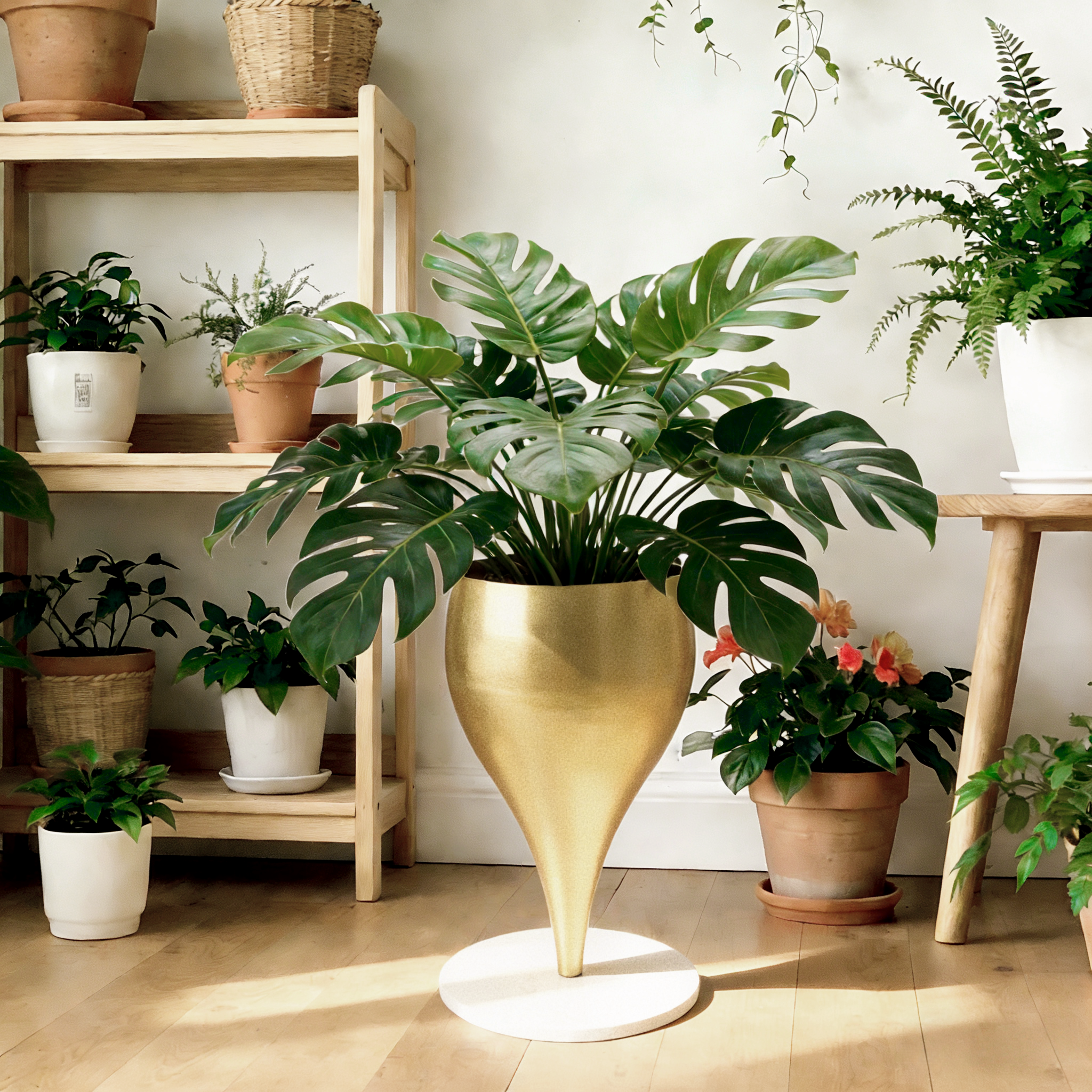 Glam White-Gold | Short Floor Plant Stand | Unique Lacquered Iron Coating